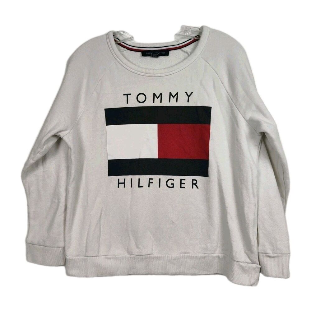 Tommy Hilfiger Sweatshirt Women's L White Crew Neck large‎ Logo Long Sleeves